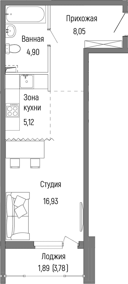 Планировка: Студия 35 м² в ЖК «Рига Хиллс»