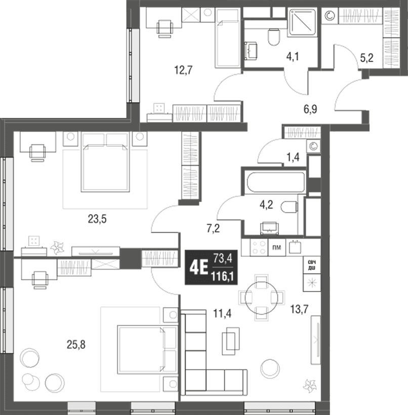 Планировка: Квартира евро-4 116,1 м² в ЖК «AFI Tower»
