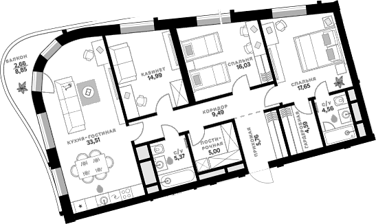 Планировка: Квартира евро-4 117 м² в ЖК «СберСити»