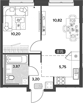 Планировка: Евродвушка 33,8 м² в ЖК «Космопарк»