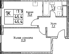 Планировка: 1-комнатная квартира 46,4 м² в ЖК «Наметкин Тауэр»