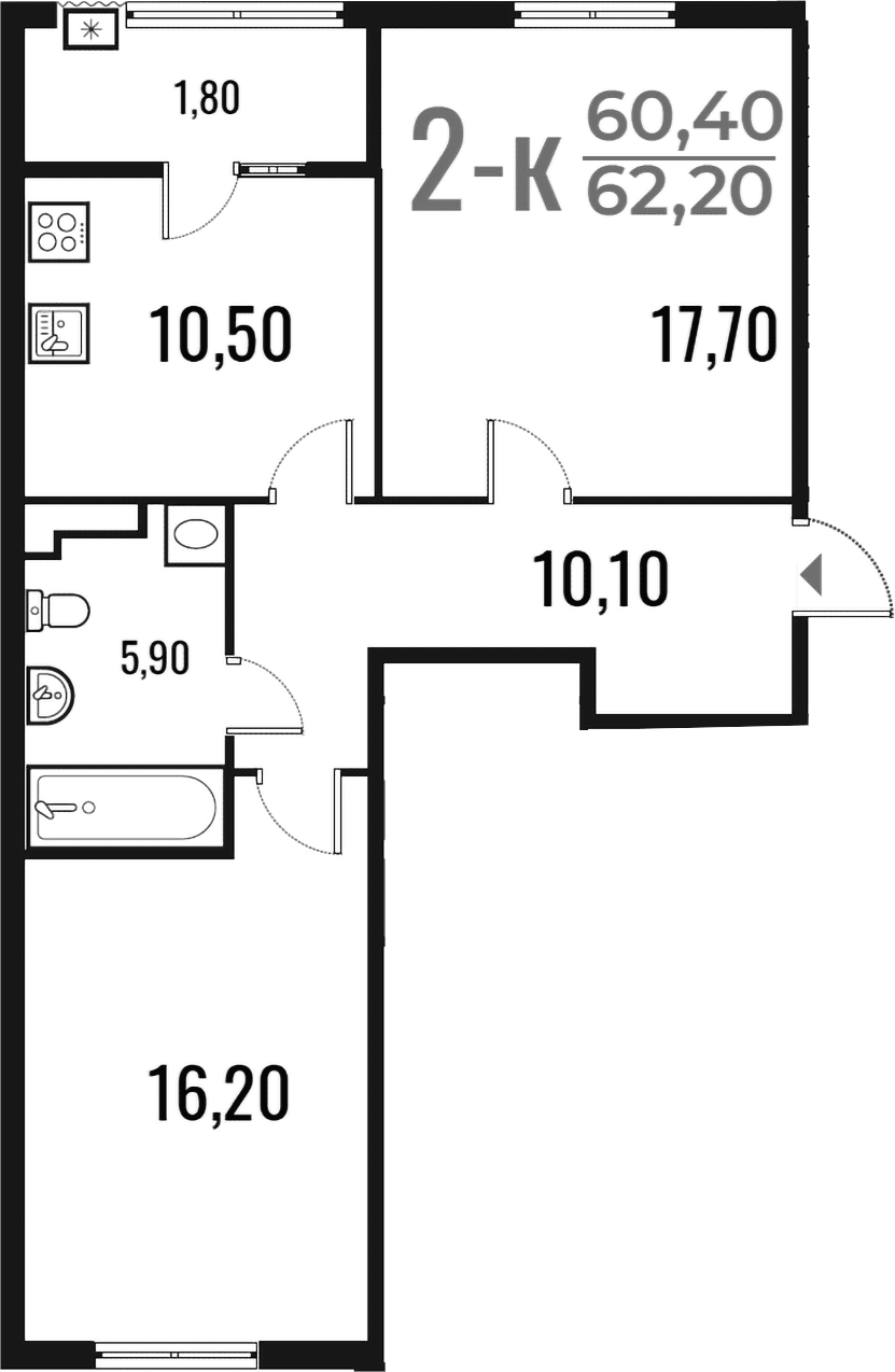 Планировка: 2-комнатная квартира 60,4 м² в ЖК «Новое Летово»
