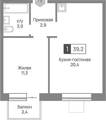Планировка: Евродвушка 38,5 м² в ЖК «Отрада 3»