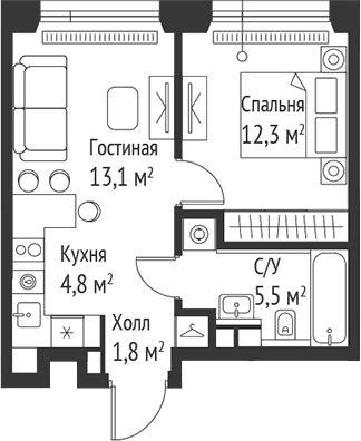 Планировка: Евродвушка 37,5 м² в ЖК «СЕТ»
