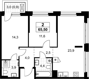 Планировка: Евротрёшка 64,6 м² в ЖК «Хольм»