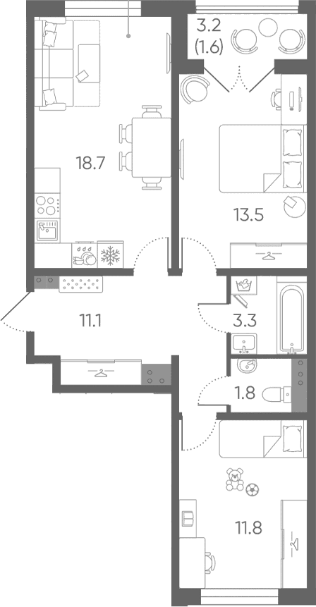 Планировка: Евротрёшка 60,2 м² в ЖК «Пулково Лейк»