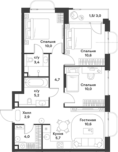 Планировка: Квартира евро-4 67,1 м² в ЖК «АЛИА»