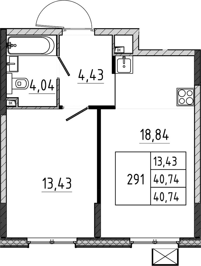 Планировка: Евродвушка 40,7 м² в ЖК «Поварово-Молодежный-2»