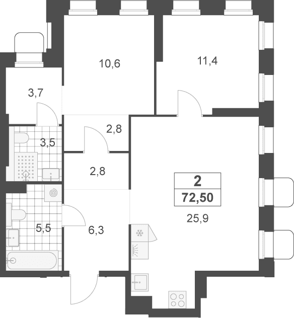 Планировка: Евротрёшка 72,5 м² в ЖК «Деснаречье»