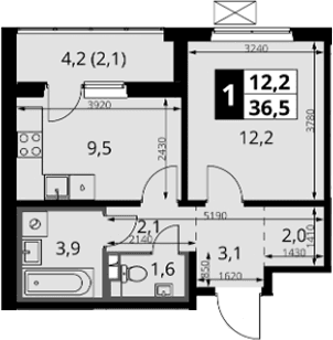 Планировка: 1-комнатная квартира 34,4 м² в ЖК «1-й Южный»