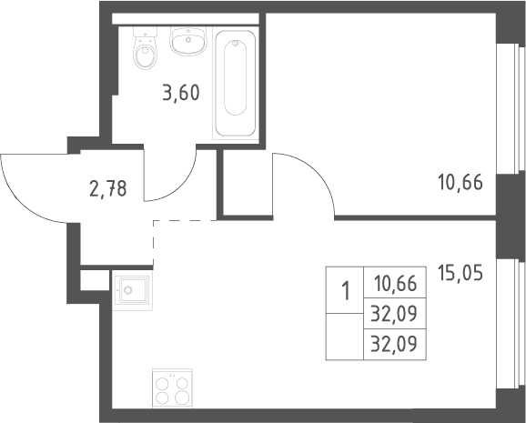 Планировка: Евродвушка 32,1 м² в ЖК «Большое Юрлово»