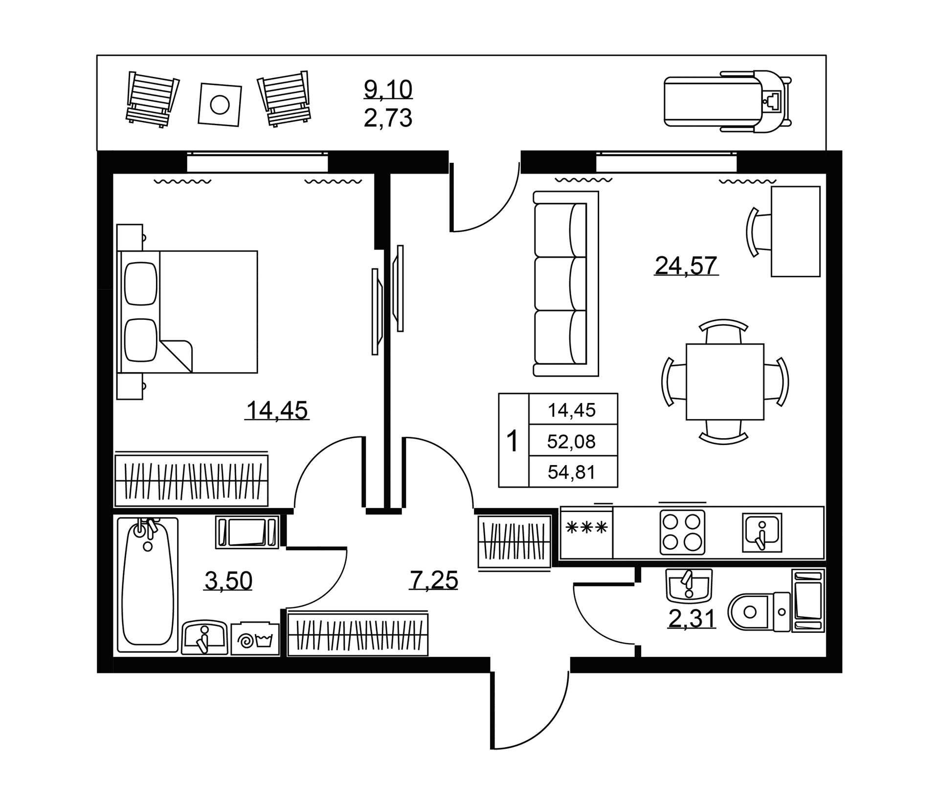 Планировка: Евродвушка 52,1 м² в ЖК «Пулковское, 34»