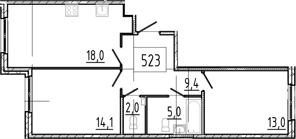 Планировка: Евротрёшка 61,5 м² в ЖК «Клюква.Парк»