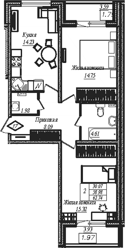 Планировка: 2-комнатная квартира 59 м² в ЖК «АРО»
