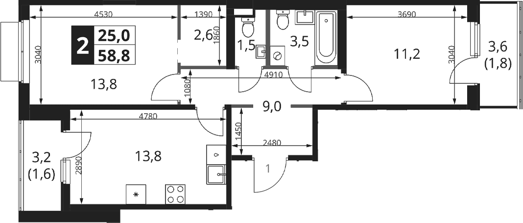Планировка: 2-комнатная квартира 55,4 м² в ЖК «1-й Ясеневский»