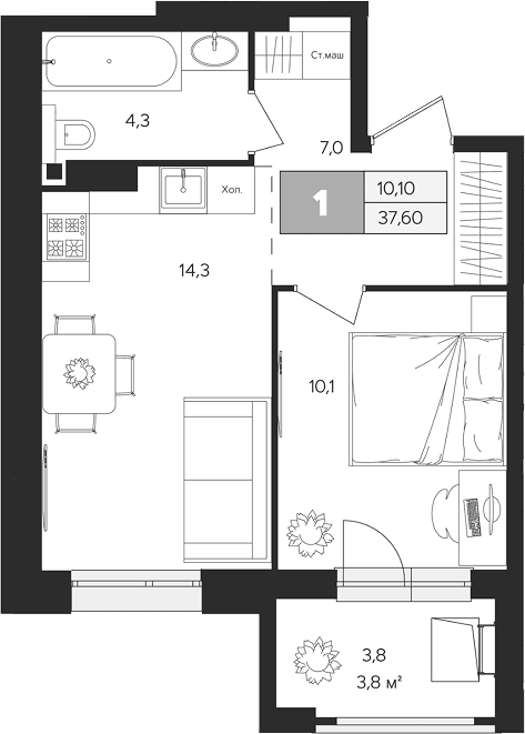 Планировка: 1-комнатная квартира 35,7 м² в ЖК «Ласточкино»