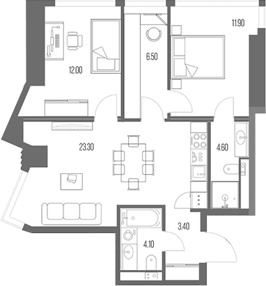 Планировка: 2-комнатная квартира 65,8 м² в ЖК «Северный Порт»