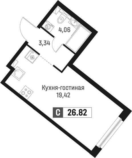 Планировка: Студия 26,8 м² в ЖК «Максималист»