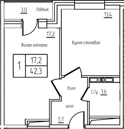 Планировка: Евродвушка 39,3 м² в ЖК «Троицкий»