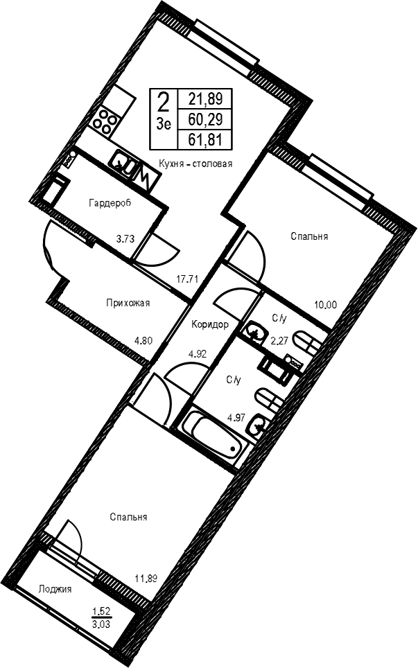 Планировка: Евротрёшка 60,3 м² в ЖК «ID Kudrovo II»