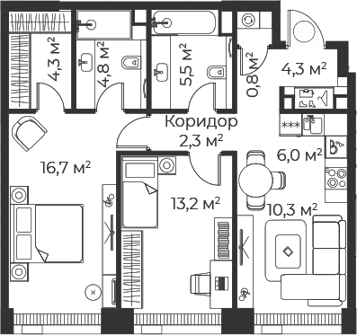 Планировка: Евротрёшка 68,4 м² в ЖК «Веер»