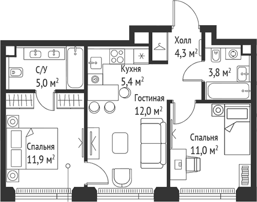 Планировка: Евротрёшка 53,4 м² в ЖК «СЕТ»