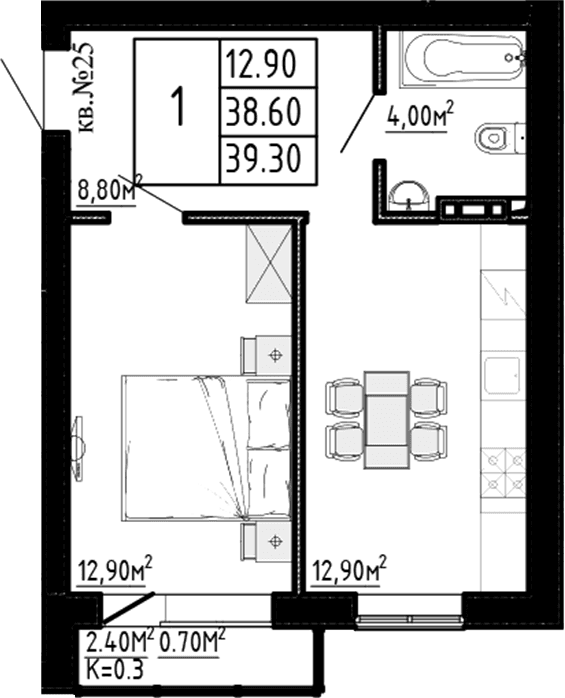 Планировка: 1-комнатная квартира 38,6 м² в ЖК «Перспектива»