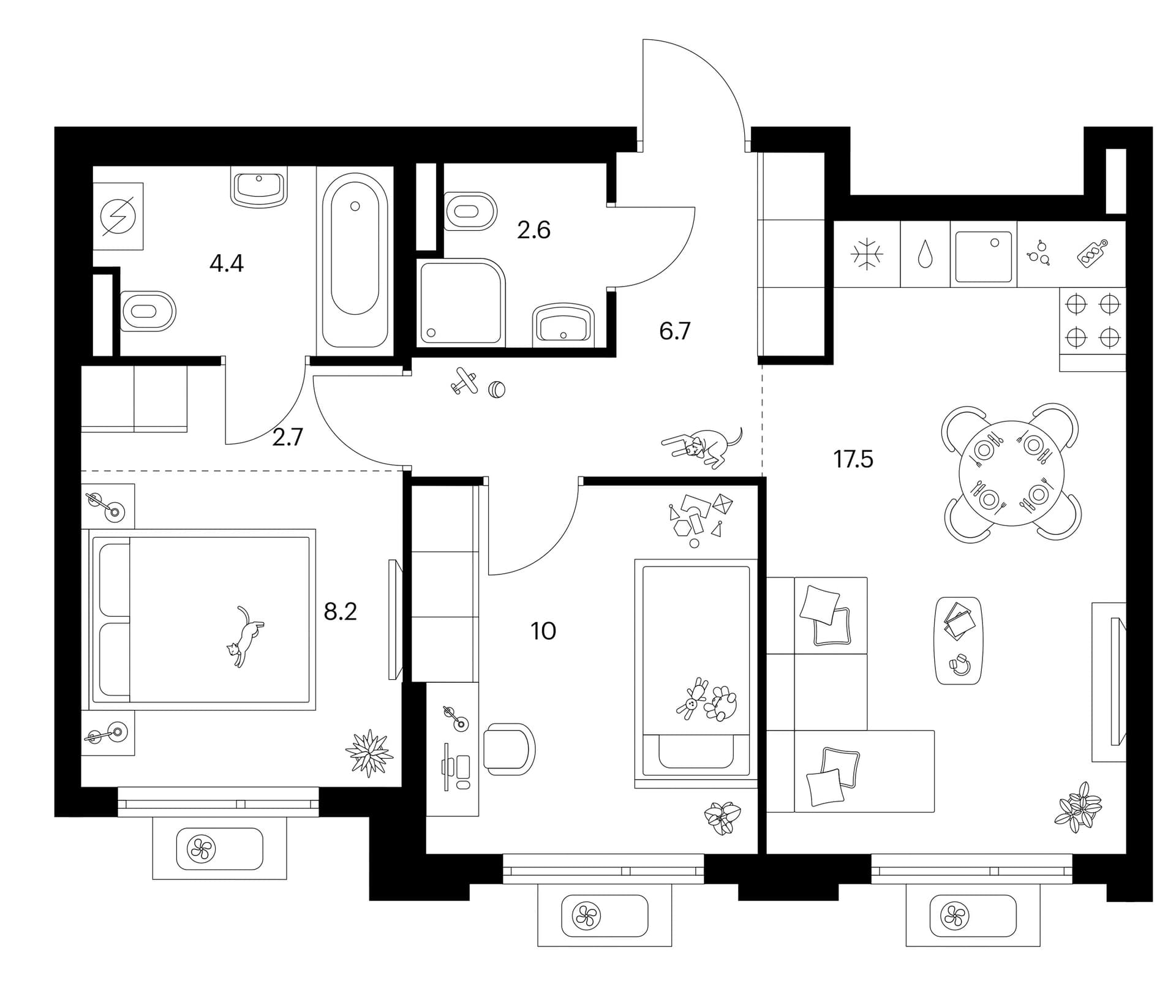 Планировка: 2-комнатная квартира 52,1 м² в ЖК «Белая Дача парк»