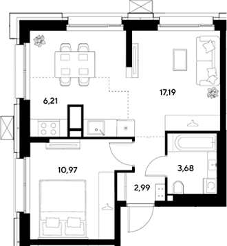 Планировка: Евродвушка 41 м² в ЖК «ЭВО»
