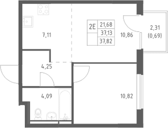 Планировка: Евродвушка 37,1 м² в ЖК «Мытищи Парк»