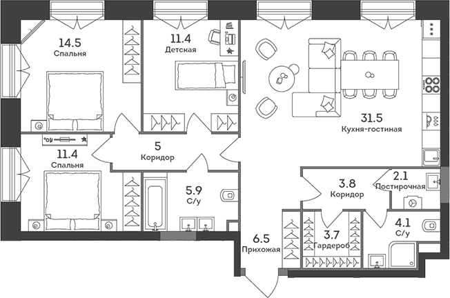 Планировка: Квартира евро-4 99,9 м² в ЖК «ЭРА»
