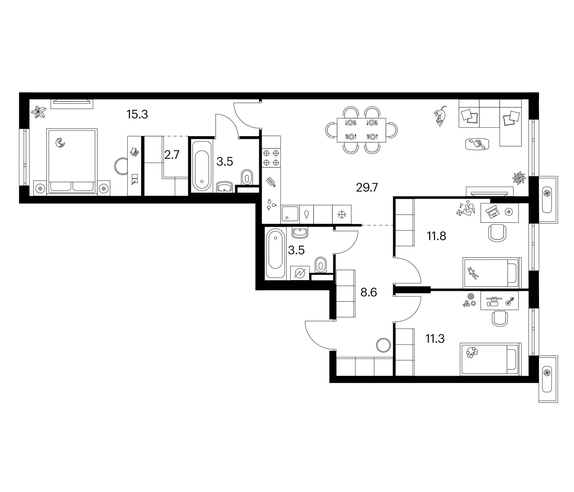 Планировка: 3-комнатная квартира 86,4 м² в ЖК «Зеленый парк»