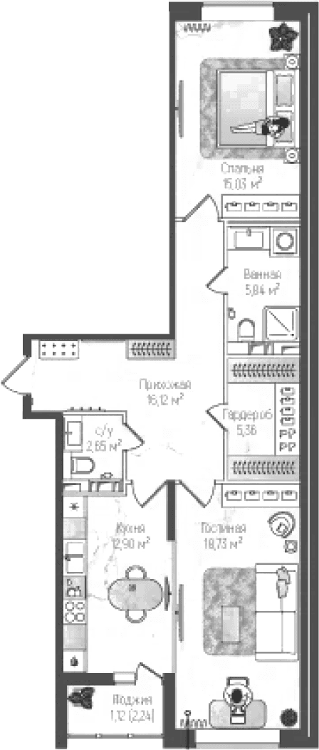 Планировка: 2-комнатная квартира 75,6 м² в ЖК «Рига Хиллс»