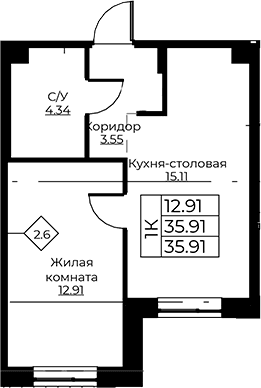 Планировка: Евродвушка 35,9 м² в ЖК «Тишин»