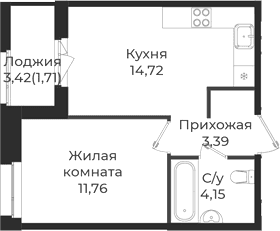 Планировка: 1-комнатная квартира 34 м² в ЖК «Новатория»