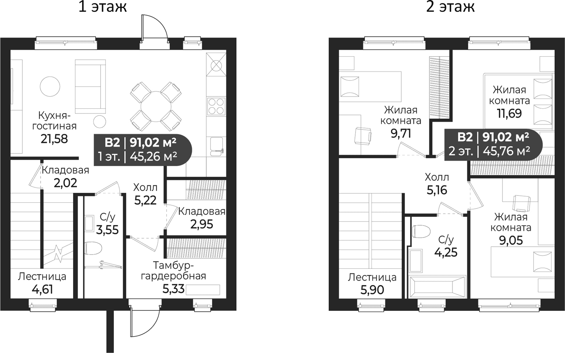 Планировка: Таунхаус 91 м² в ЖК «Коттеджный поселок СветЛО»