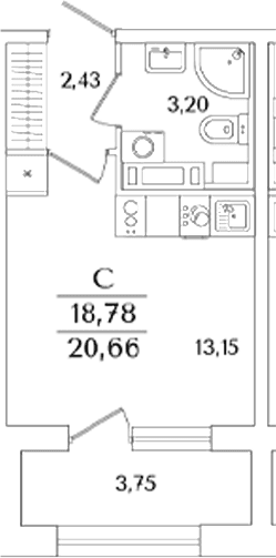 Планировка: Студия 18,8 м² в ЖК «Аурум»