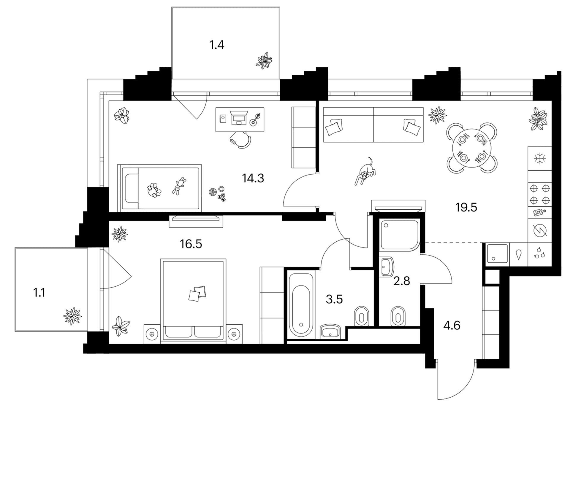 Планировка: 2-комнатная квартира 61,2 м² в ЖК «Зеленый парк»