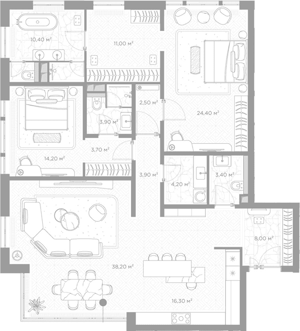 Планировка: 2-комнатная квартира 144,1 м² в ЖК «Николь»