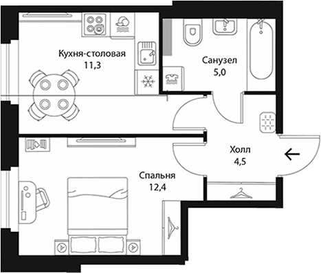 Планировка: 1-комнатная квартира 33,2 м² в ЖК «Экография»