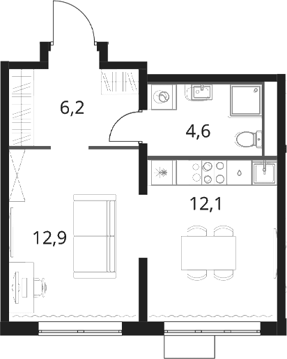 Планировка: 1-комнатная квартира 35,8 м² в ЖК «1-й Шереметьевский»
