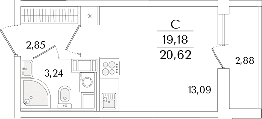 Планировка: Студия 19,2 м² в ЖК «Кинопарк»