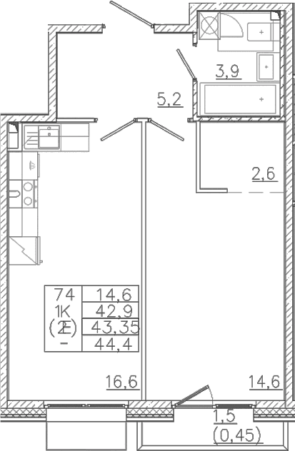 Планировка: Евродвушка 42,9 м² в ЖК «Лисино»