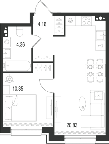 Планировка: Евродвушка 39,7 м² в ЖК «Остров Первых»