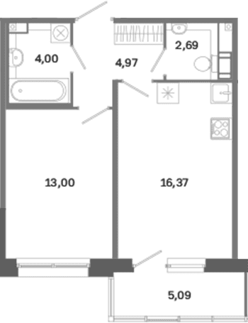 Планировка: Евродвушка 41 м² в ЖК «Дом на Курской»