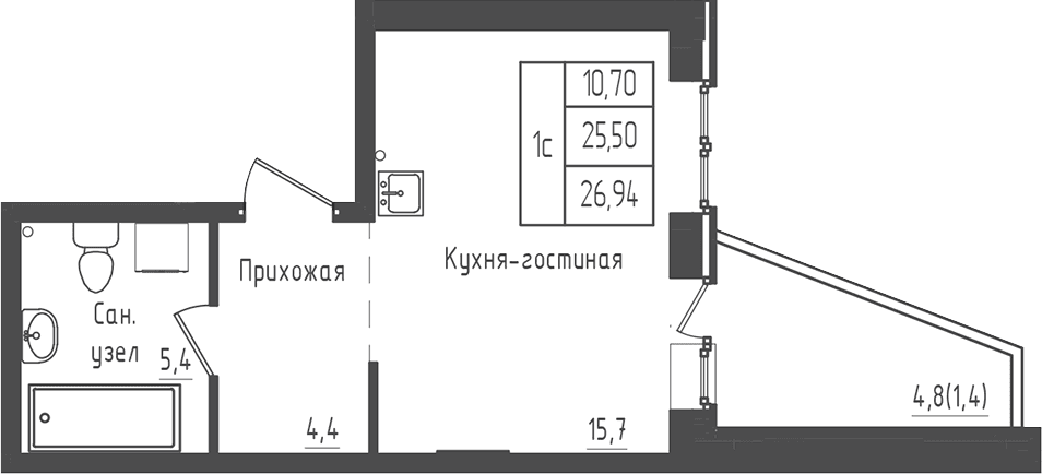 Планировка: Студия 25,5 м² в ЖК «Зеленый город»