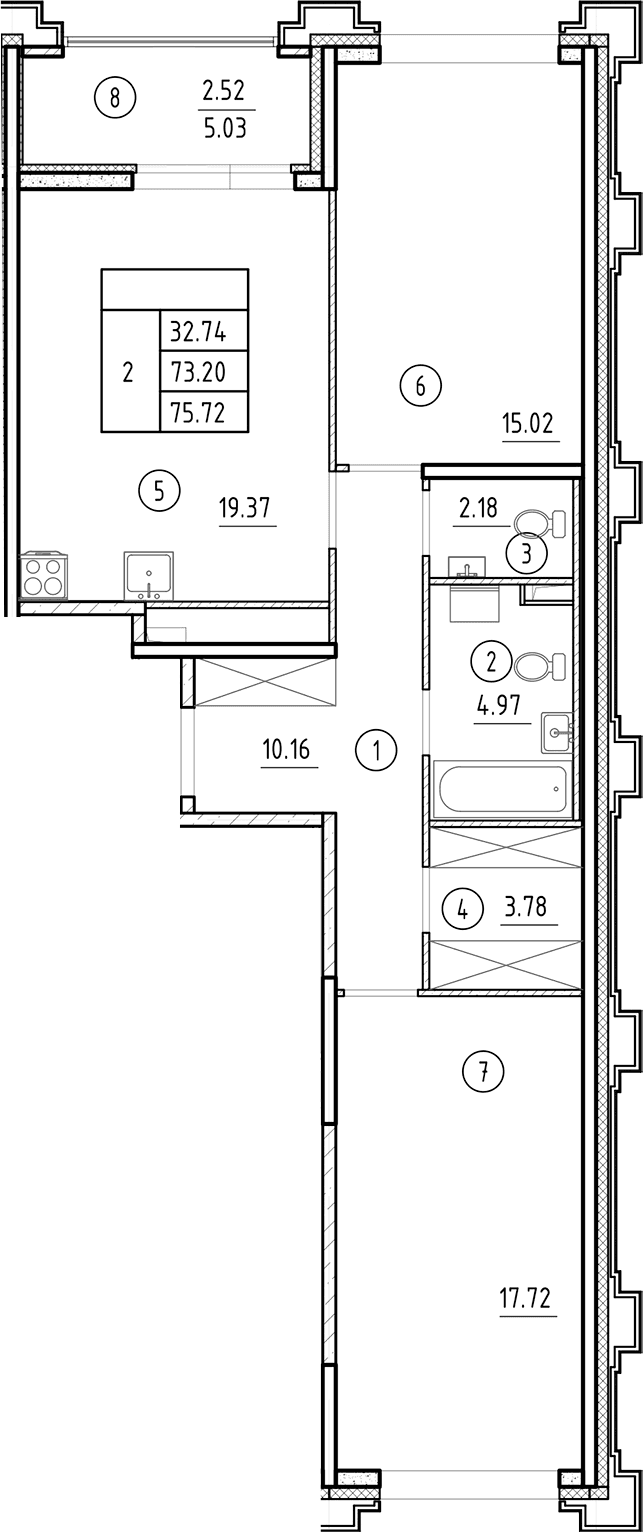 Планировка: Евротрёшка 73,2 м² в ЖК «Ассамблея»