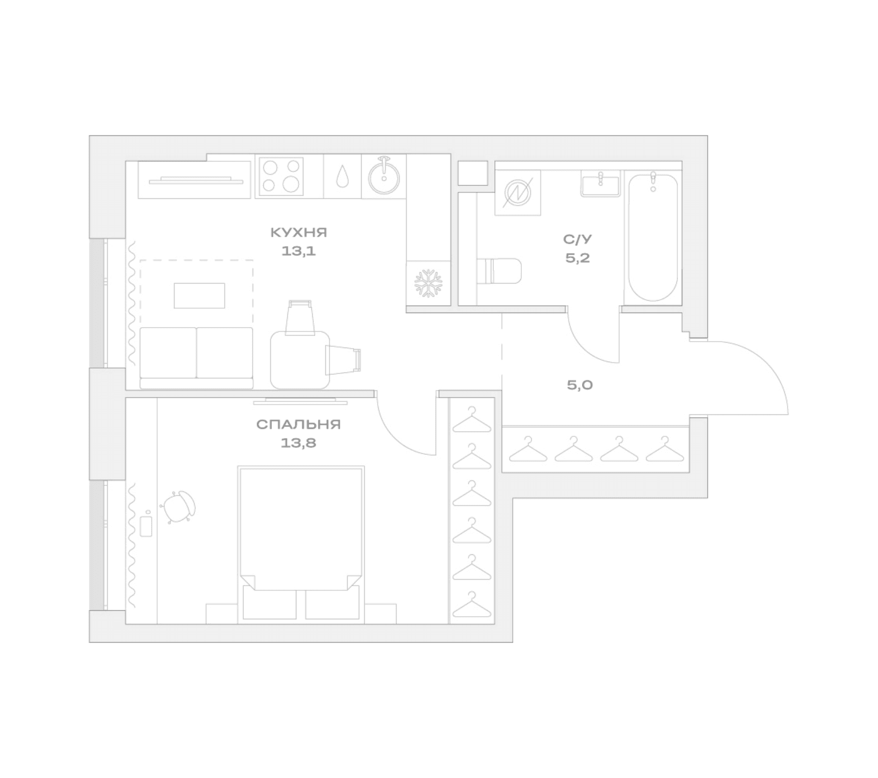 Планировка: 1-комнатная квартира 37 м² в ЖК «Детали»