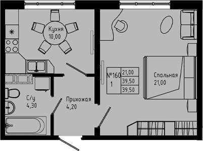 Планировка: 1-комнатная квартира 39,5 м² в ЖК «PIXEL»