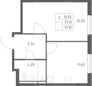 Планировка: 1-комнатная квартира 37,1 м² в ЖК «Мытищи Парк»
